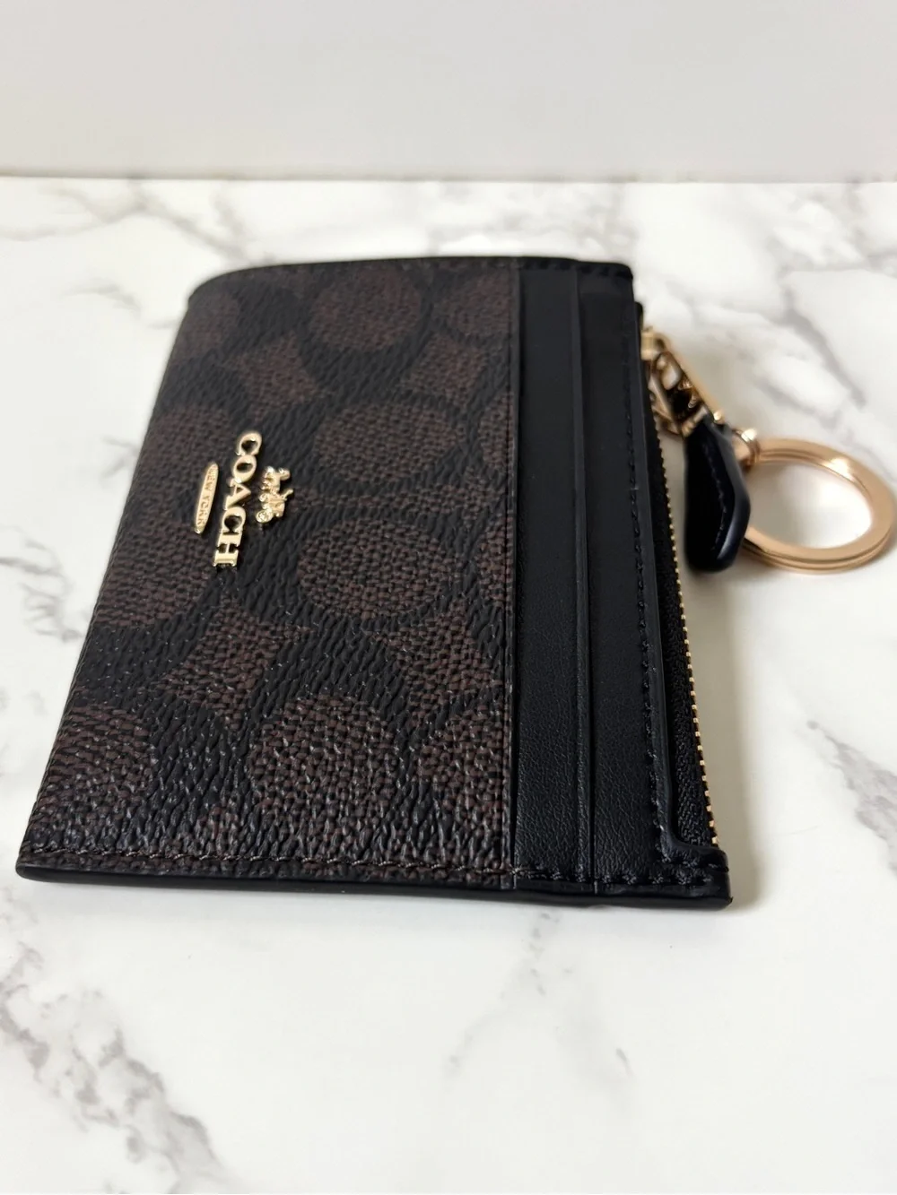 Coach Skinny Mini Id Card Case Keychain Wallet Walnut Black